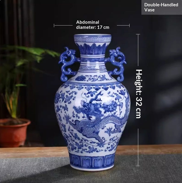 Blue-and-white Porcelain Dragon-and-phoenix Pair Of Vases For The Living Room Or Entryway