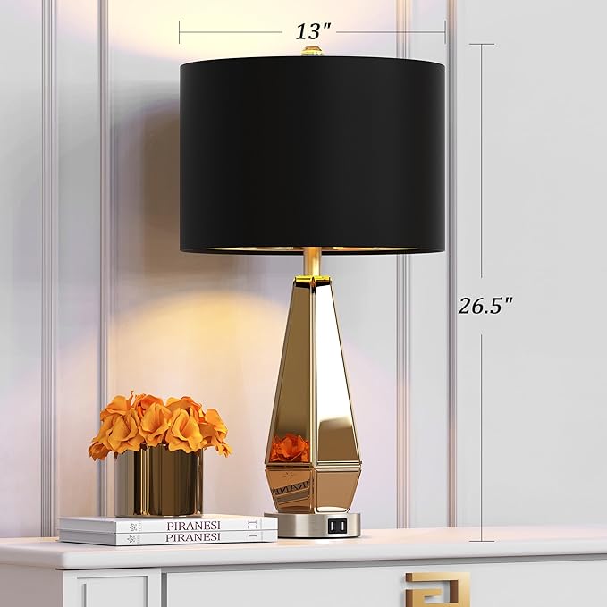 Set Of 2 Mirrored Glass Bedside Table Lamps With 2 USB Ports For Bedrooms Modern Amber Side Nightstand Lamps With Gold Black Fabric Shade Geometric Comtempory Living Room Lamps For End Tables