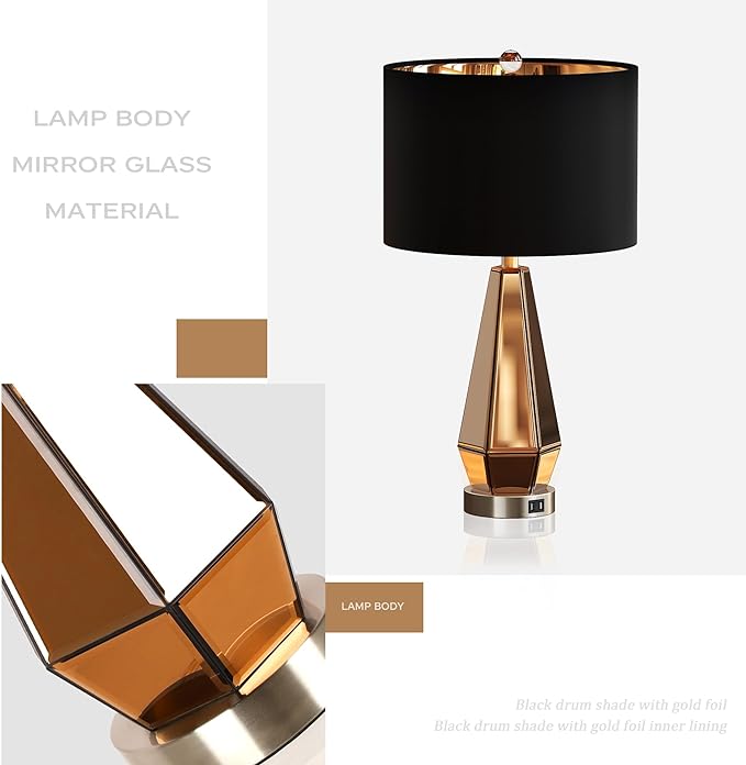 Set Of 2 Mirrored Glass Bedside Table Lamps With 2 USB Ports For Bedrooms Modern Amber Side Nightstand Lamps With Gold Black Fabric Shade Geometric Comtempory Living Room Lamps For End Tables