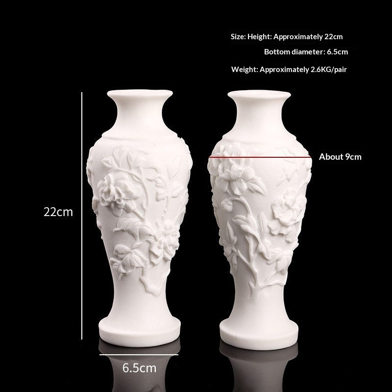 A Pair Of Stone-carved Vases Featuring Peony Motifs In White Marble