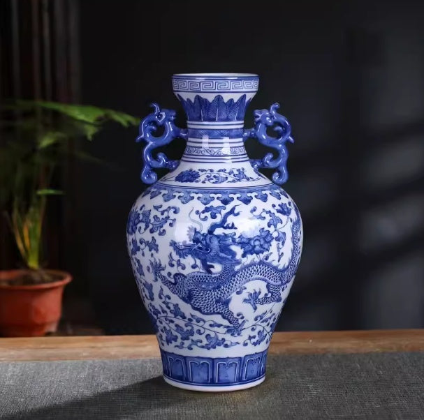 Blue-and-white Porcelain Dragon-and-phoenix Pair Of Vases For The Living Room Or Entryway