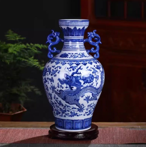 Blue-and-white Porcelain Dragon-and-phoenix Pair Of Vases For The Living Room Or Entryway