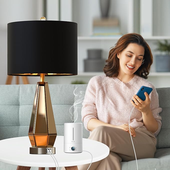 Set Of 2 Mirrored Glass Bedside Table Lamps With 2 USB Ports For Bedrooms Modern Amber Side Nightstand Lamps With Gold Black Fabric Shade Geometric Comtempory Living Room Lamps For End Tables