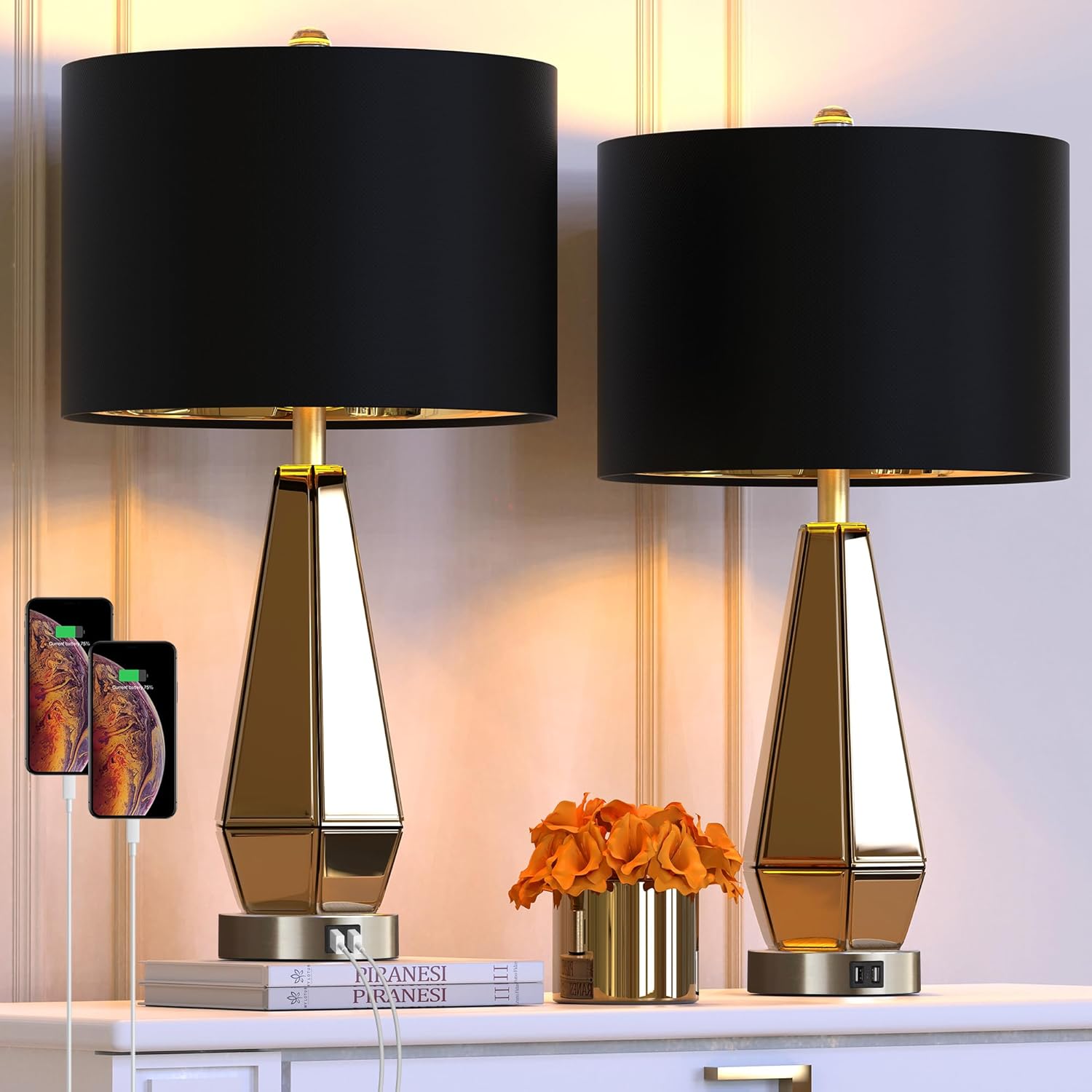 Set Of 2 Mirrored Glass Bedside Table Lamps With 2 USB Ports For Bedrooms Modern Amber Side Nightstand Lamps With Gold Black Fabric Shade Geometric Comtempory Living Room Lamps For End Tables