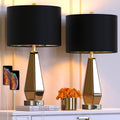 Set Of 2 Mirrored Glass Bedside Table Lamps With 2 USB Ports For Bedrooms Modern Amber Side Nightstand Lamps With Gold Black Fabric Shade Geometric Comtempory Living Room Lamps For End Tables