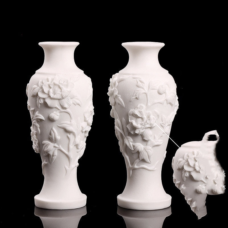 A Pair Of Stone-carved Vases Featuring Peony Motifs In White Marble
