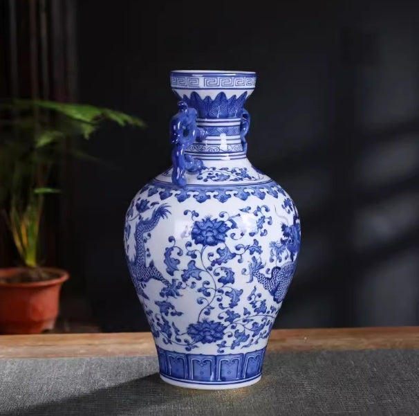 Blue-and-white Porcelain Dragon-and-phoenix Pair Of Vases For The Living Room Or Entryway