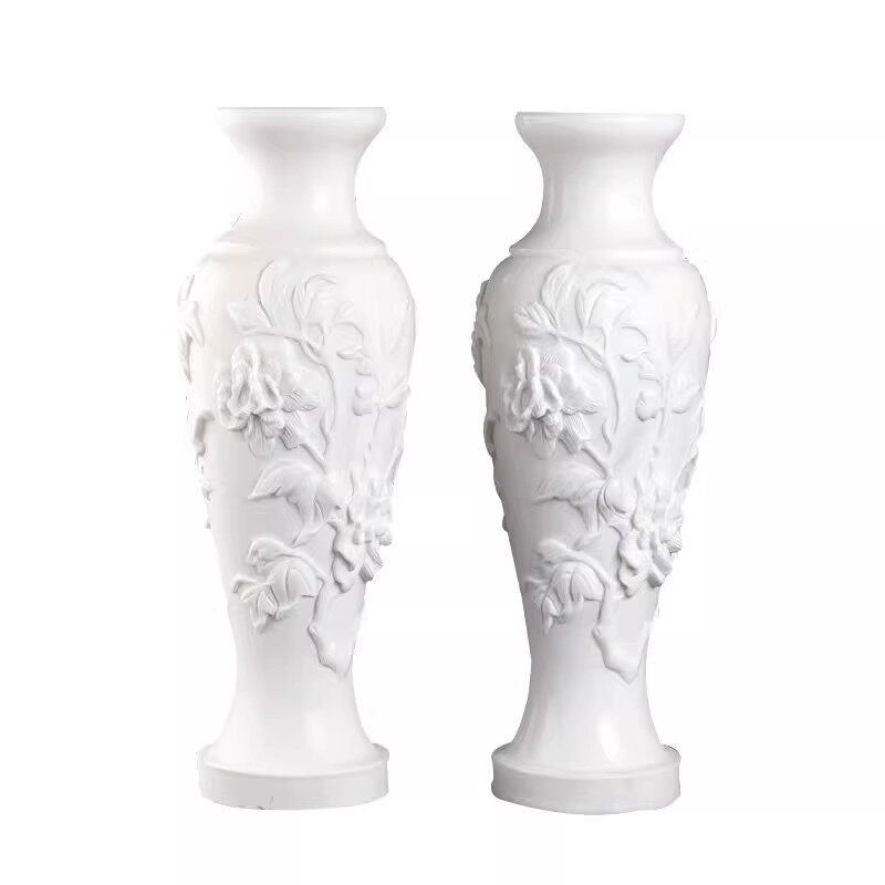A Pair Of Stone-carved Vases Featuring Peony Motifs In White Marble