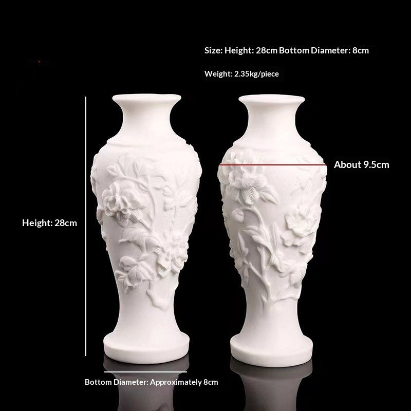 A Pair Of Stone-carved Vases Featuring Peony Motifs In White Marble