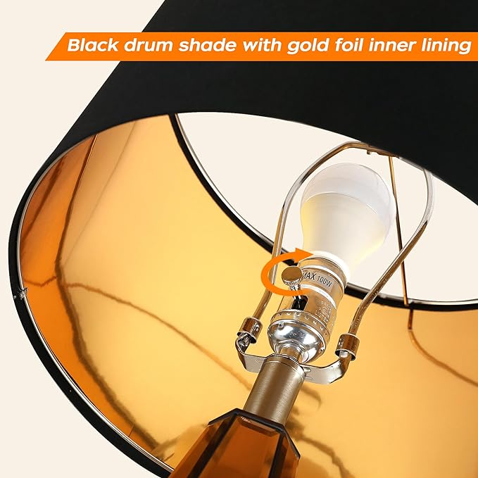 Set Of 2 Mirrored Glass Bedside Table Lamps With 2 USB Ports For Bedrooms Modern Amber Side Nightstand Lamps With Gold Black Fabric Shade Geometric Comtempory Living Room Lamps For End Tables